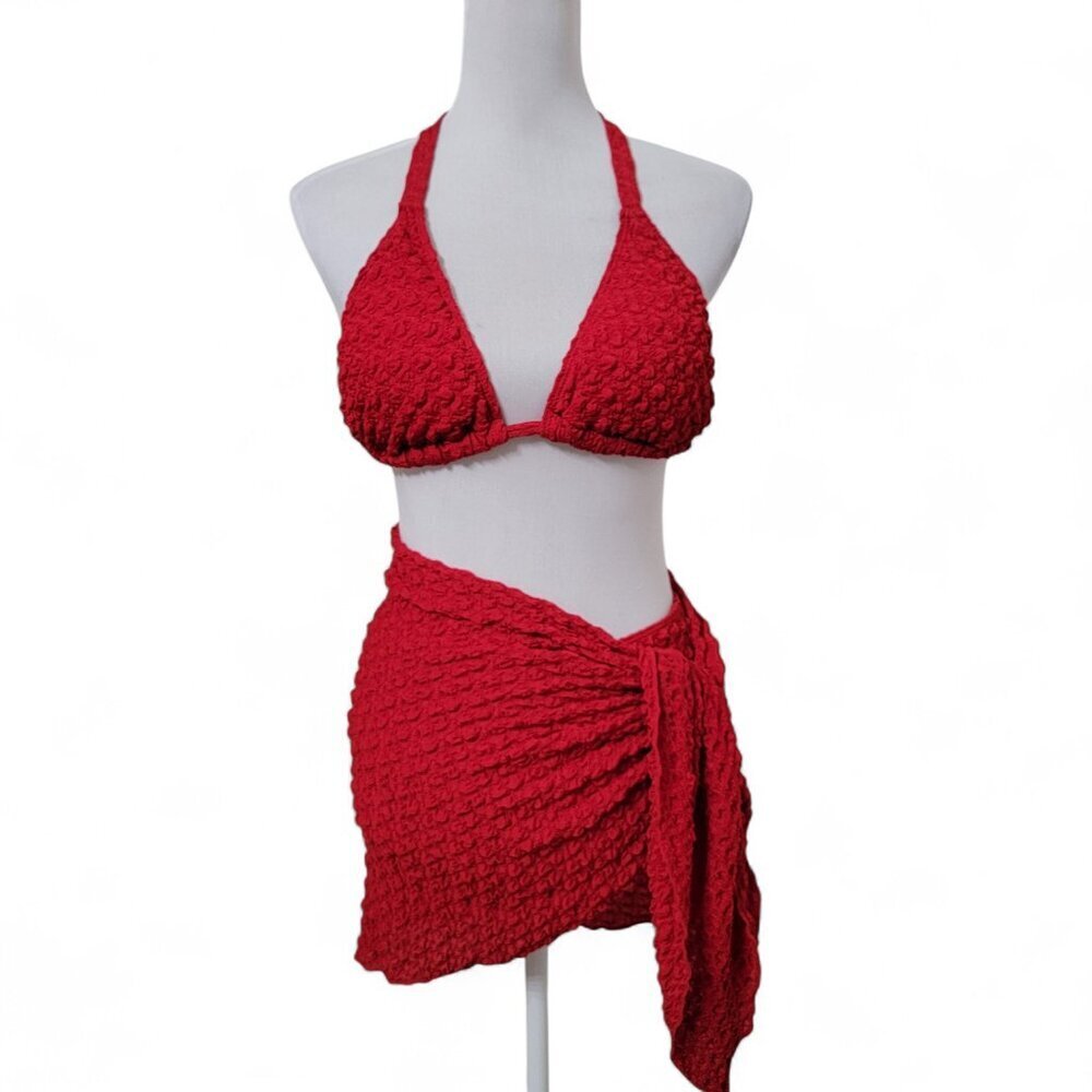 SHEIN Size XL Red Textured 3 Piece Bikini Set.  NEW without Tags